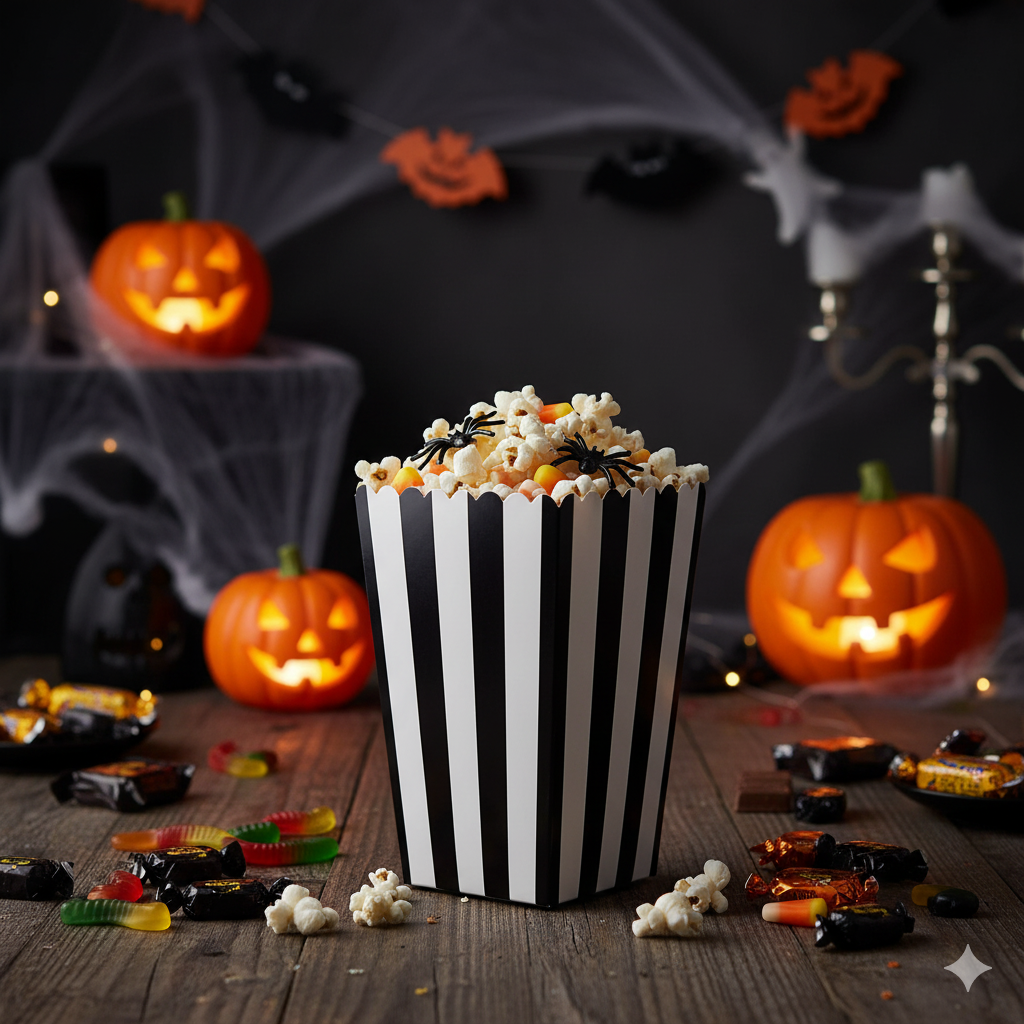 Boks Popcorn Svart/Hvit Striper, 6 stk