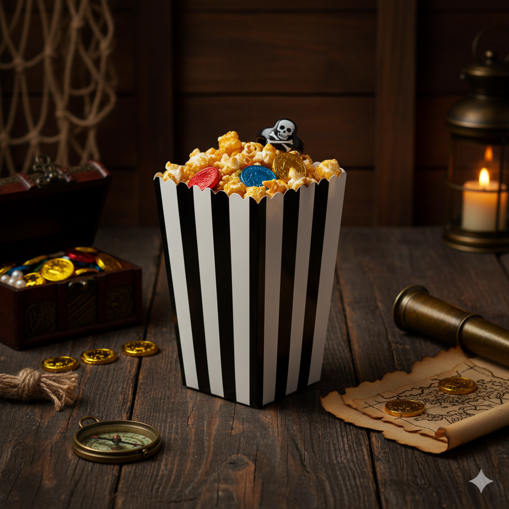 Boks Popcorn Svart/Hvit Striper, 6 stk