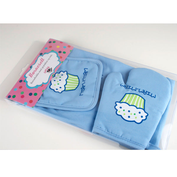 Barneforkle, gryteklut og vott, blå, 3 deler