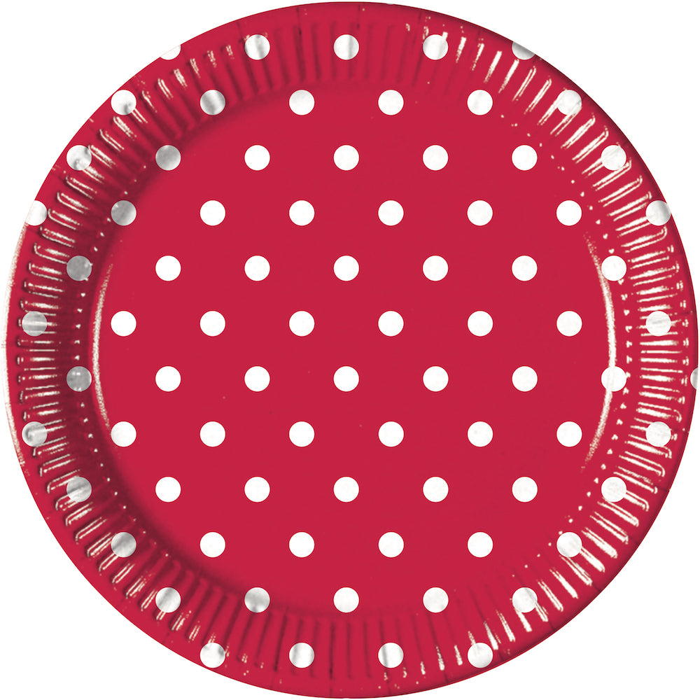 Papptallerken Rød med prikker 23 cm, 8 stk