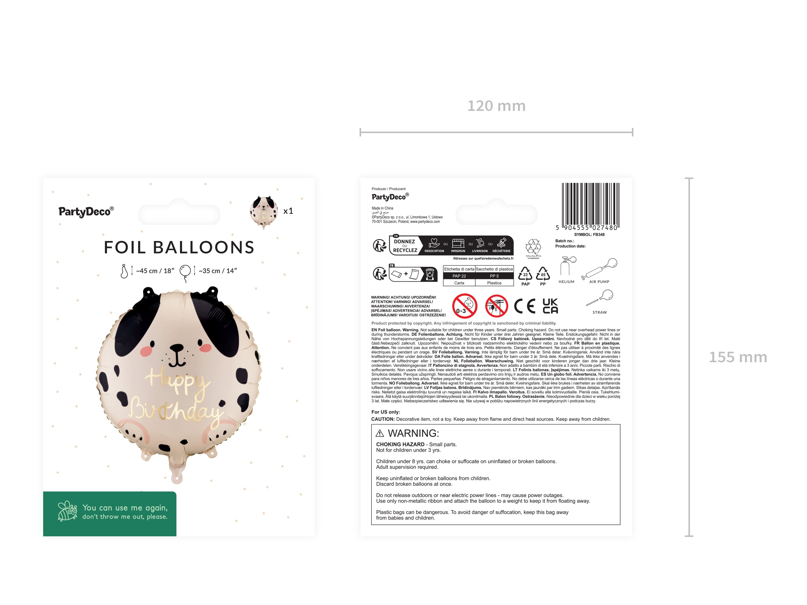Folieballong Rund Hund Happy Birthday, 35cm