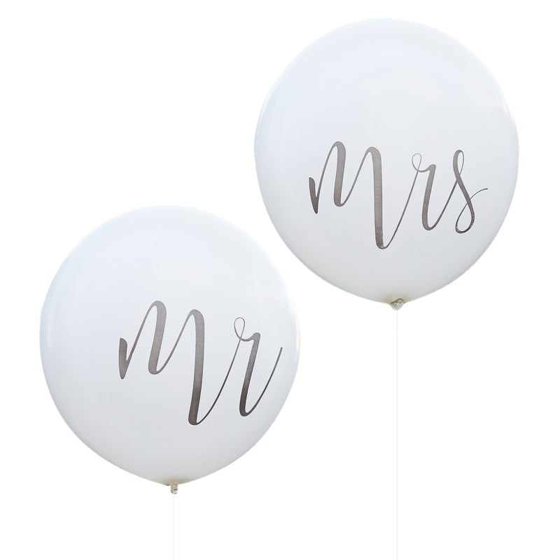 Ballong Hvite med tekst Mr and Mrs  90 cm, 2 stk