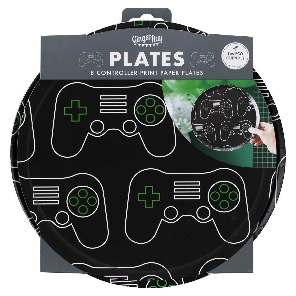Papptallerken Game On Sort, 25 cm, 8 stk 3