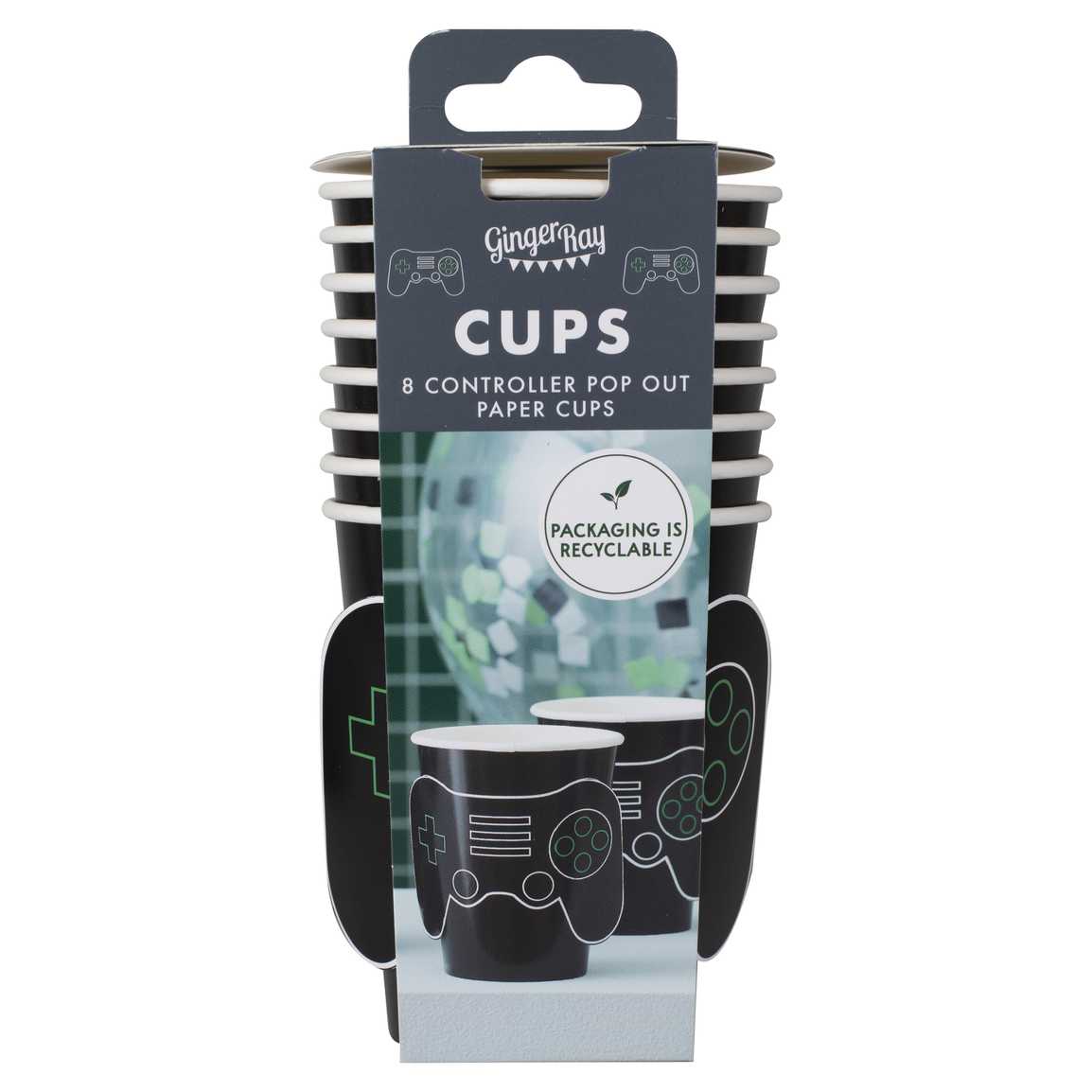 Drikkekrus i Papp Game On Controller Sort, 8 stk 3
