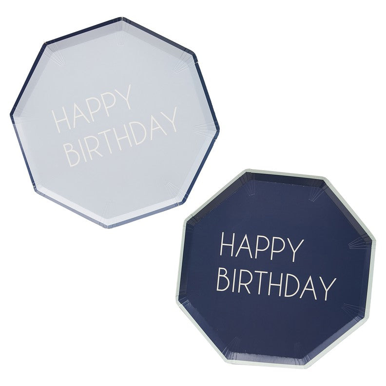 Papptallerken Navy, Blå Happy Birthday 8 stk