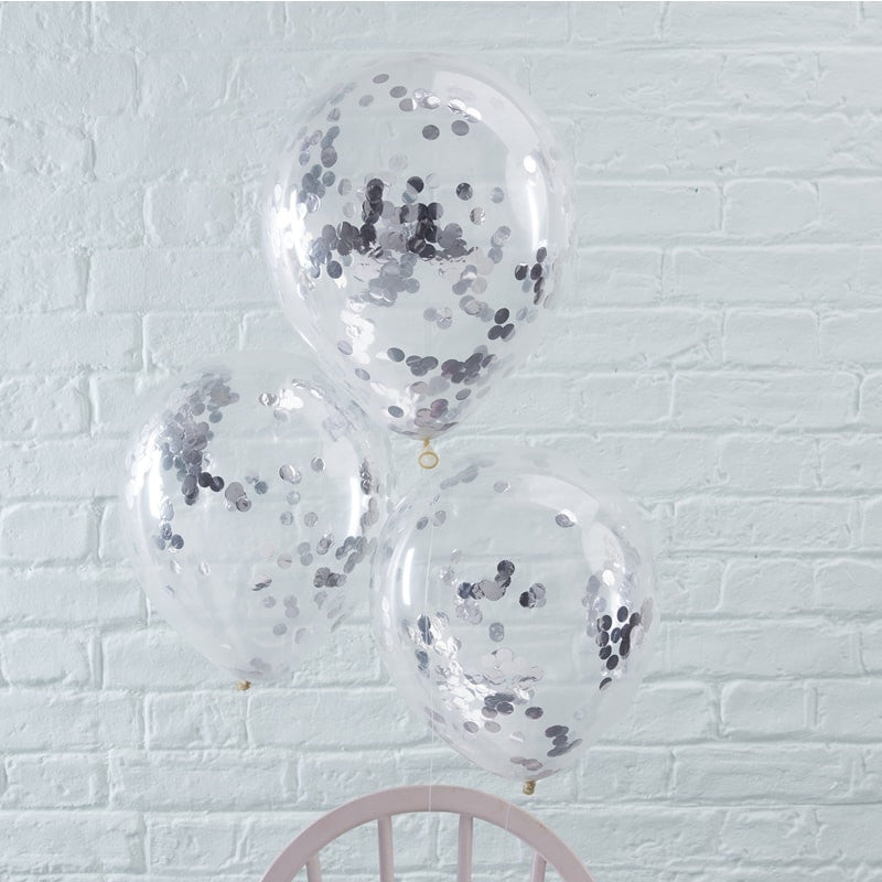 Ballong med Confetti i Sølv 30 cm, 5 stk 2