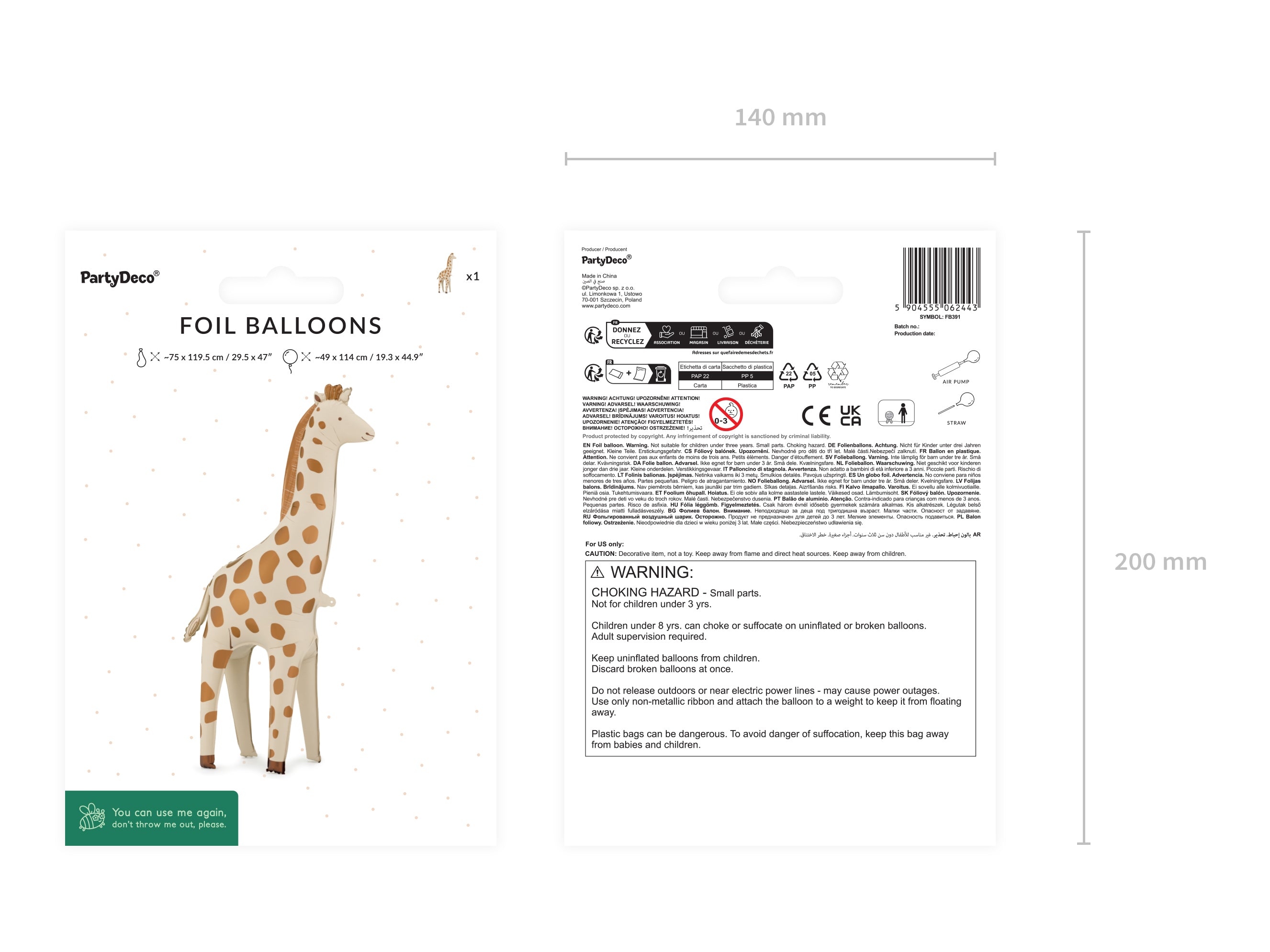 Folieballong Giraffe, 49x114 cm