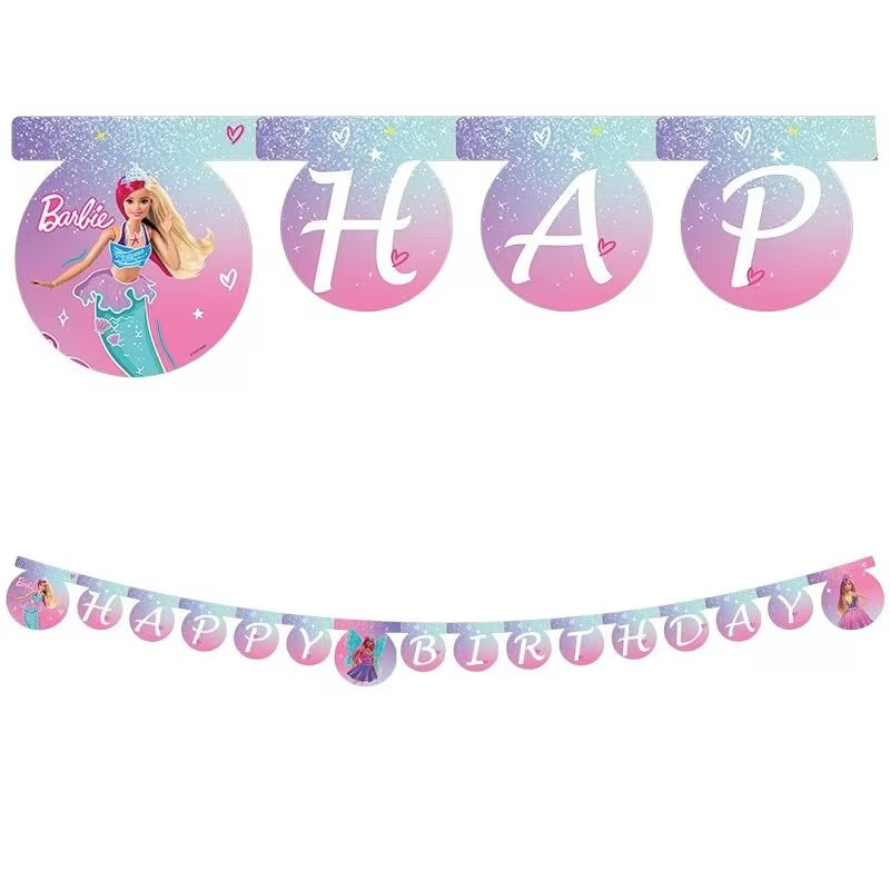 Banner i papp Barbie med Happy Birthday